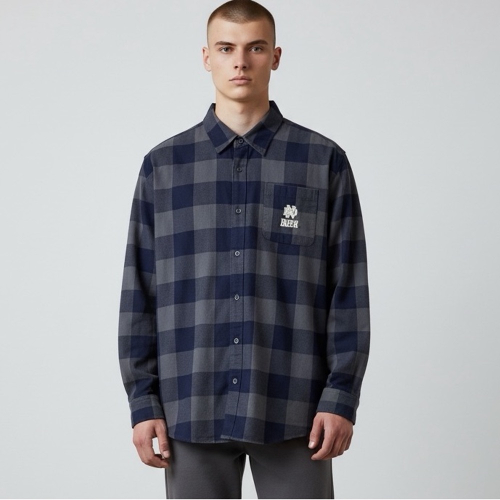Colosseum Navy and Gray Flannel Button Down Short Embroidered “ND” Irish Logo